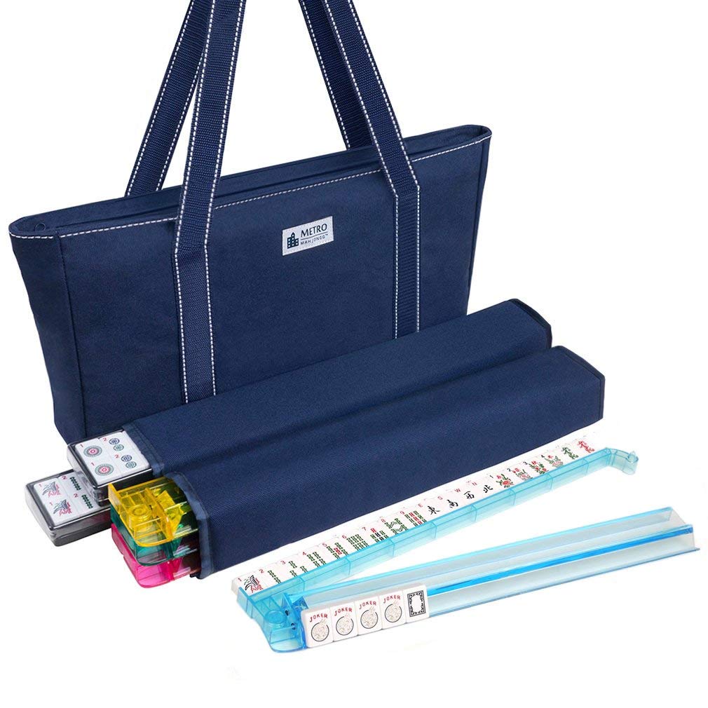 American Mah Jongg Set - 166 enhanced White Tiles  4 All-in-One Rack/Pushers  Blue Canvas Bag