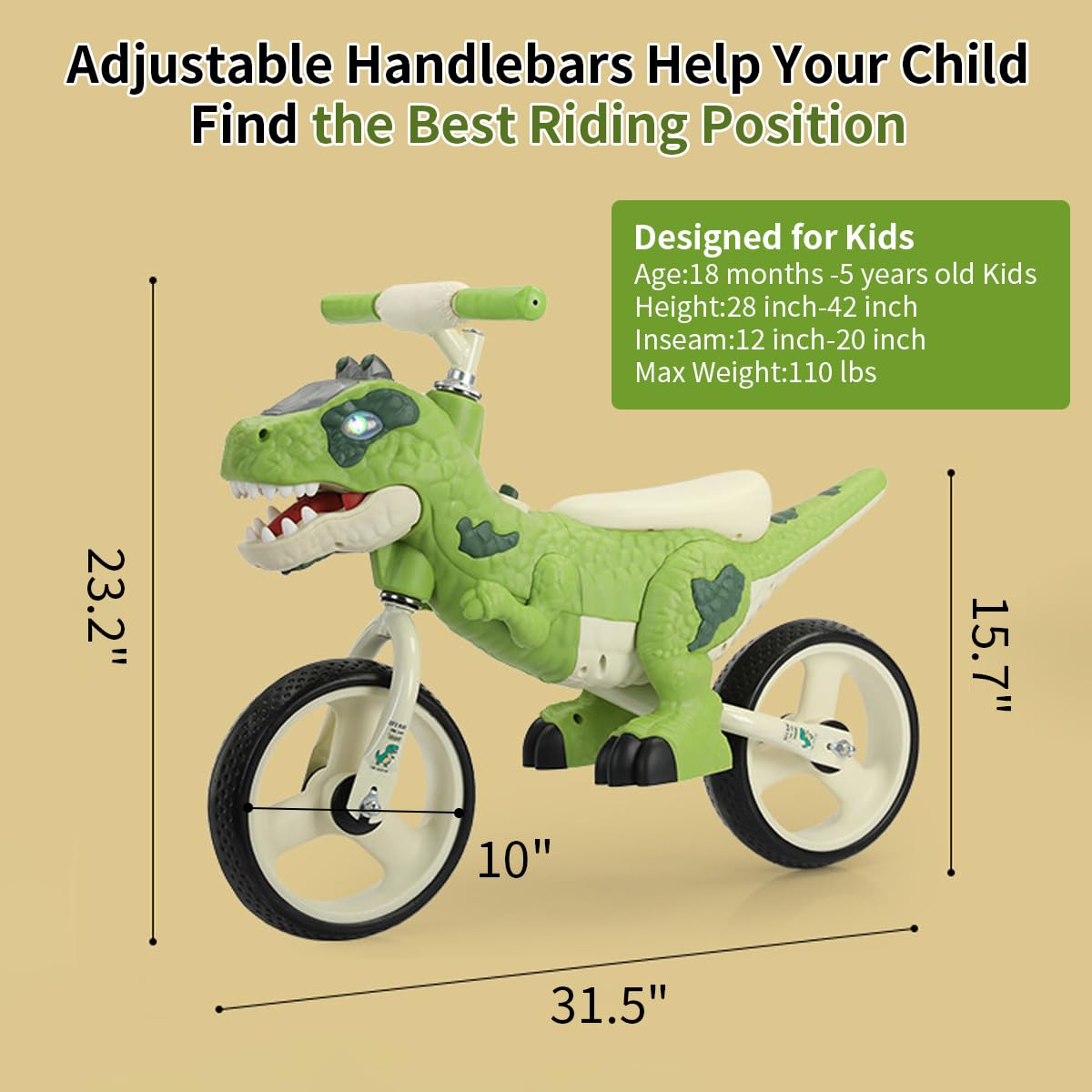 VIZZTY Dinosaur-Themed Balance Bike for Kids, Green, Adjustable Handlebar, Music & Lighting Effects, No-Pedal Training, Ages 3-7