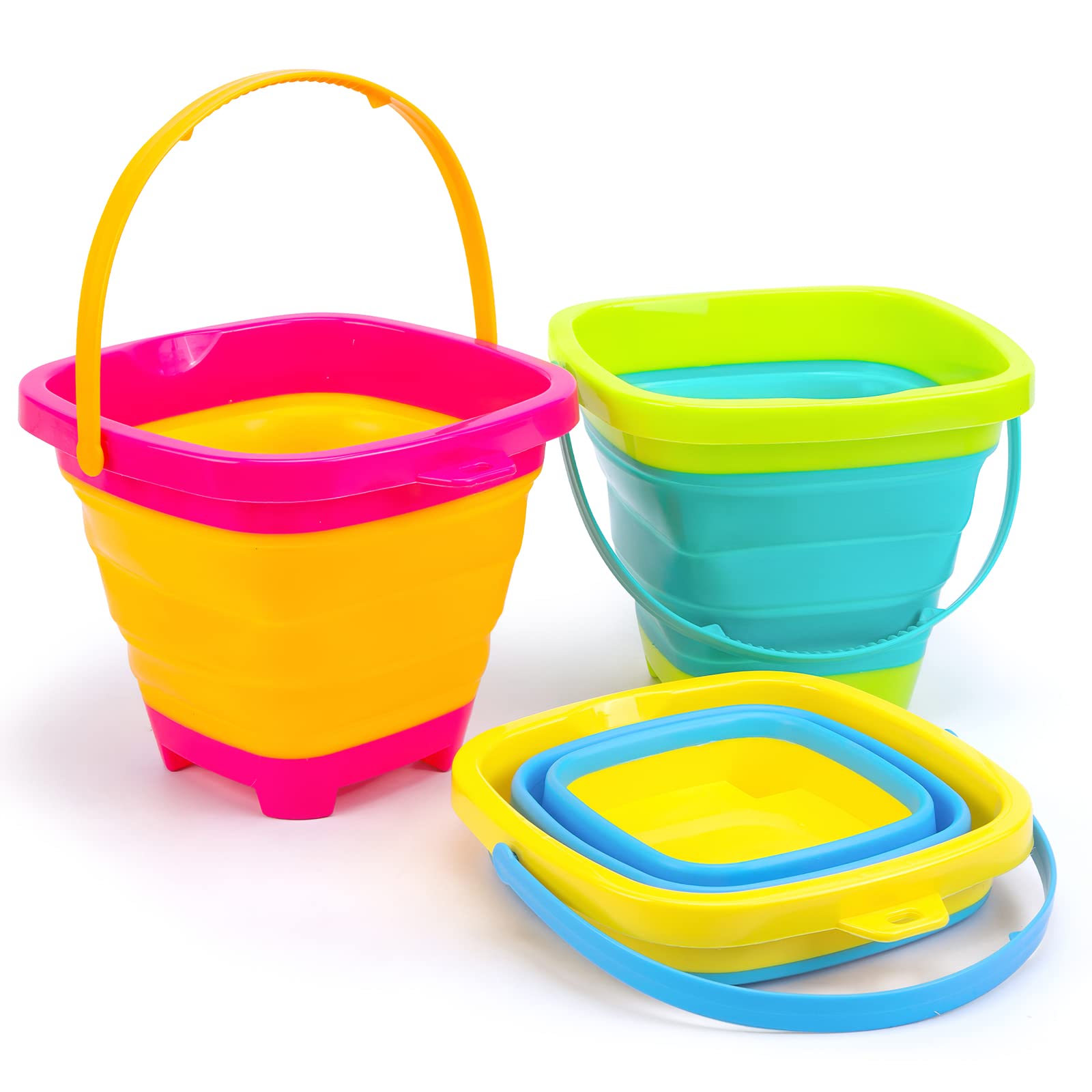 Shindel Foldable Beach Bucket Set, 2L Silicone Collapsible Toy Buckets For Kids, Camping Gear, Essentials Vacation, 3Pcs