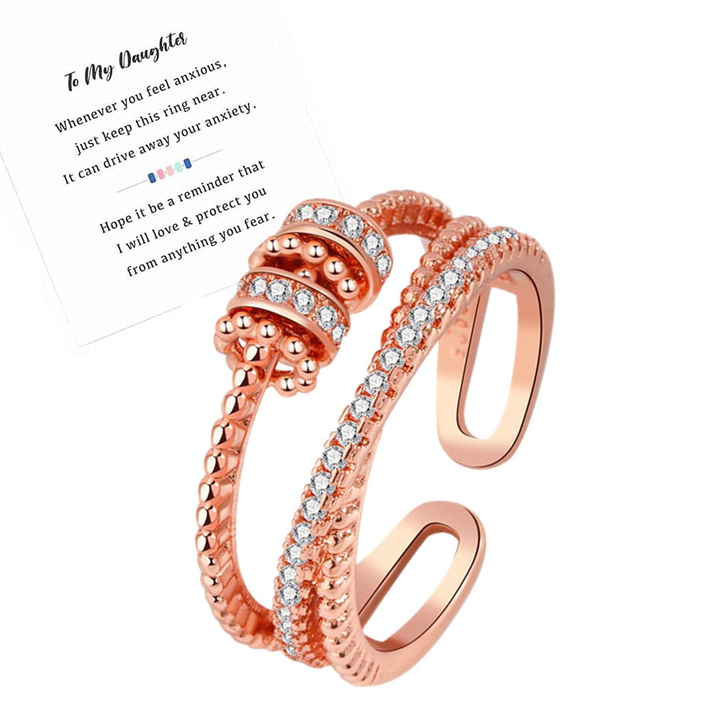 Anxiety Ring for Daughter, 18K Rose Gold Fidget Ring for Daughter from Mom to My Daughter Cubic Zirconia Adjustable Thumb Stress