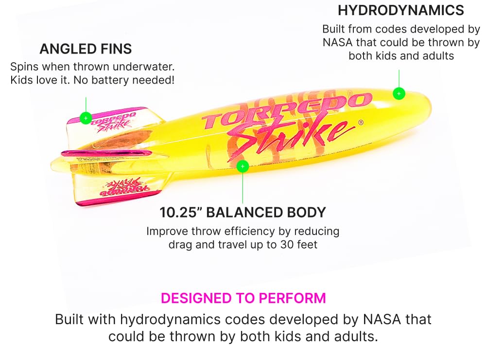 Torpedo Strike SpinFin 10.25 Large Ultra enhanced Pool Torpedo Rocket Spins & Glides Up to 30 Feet Like Underwater Football for Under Water Passing Games Underwater Torpedo Diving Toy Glider (Yellow)