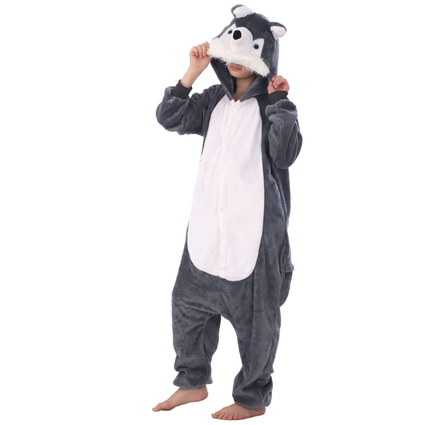 Lobujou Animal Hooded Costume For Kids Boys Girls Flannel Onesie Halloween Cosplay One Piece Husky 130