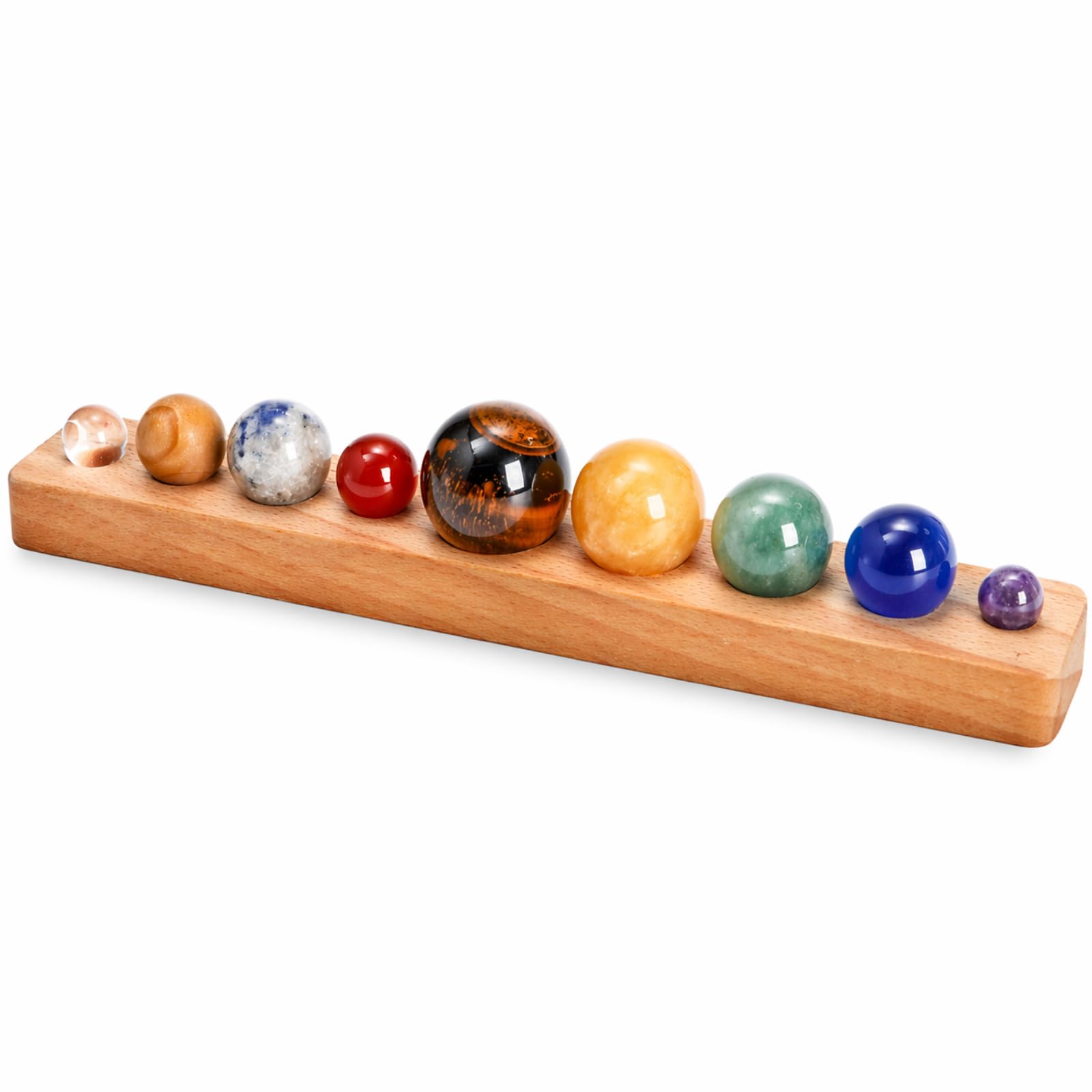 ZENFUN Nine Planets in Solar System with Wooden Stand, Natural Gemstones Sphere Solar System Model Kit, Planet Marbles, Space Th
