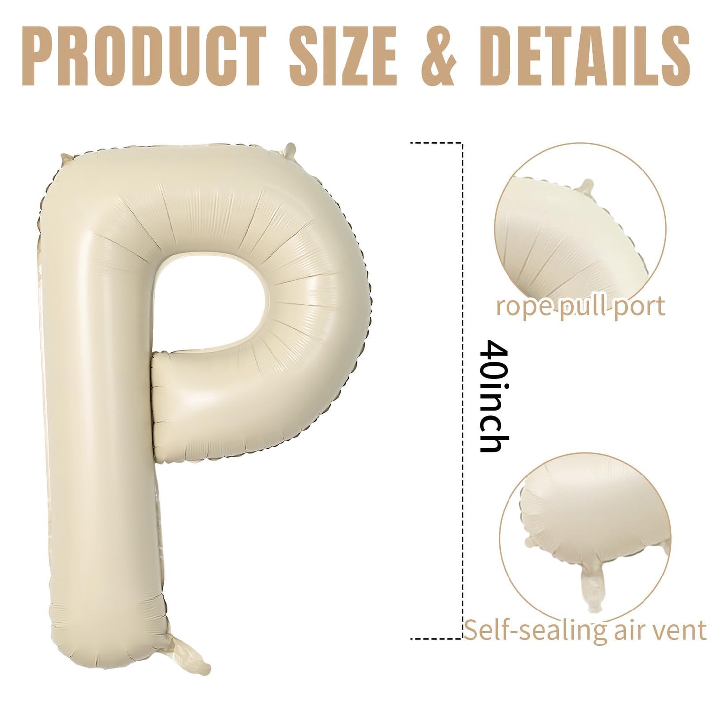 40 Inch Cream Letter Balloons, Large P Letter Balloons Foil Helium Balloons, Mylar Big Single Alphabet P Balloons, Cream Balloon