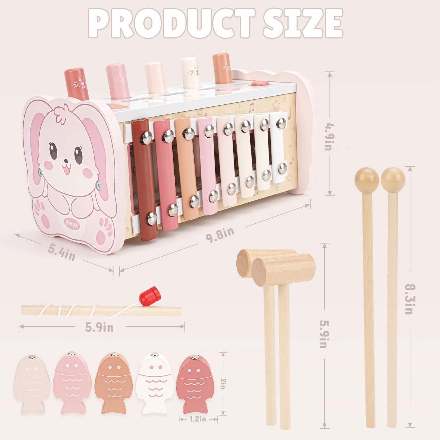 Joyreal Pink Wooden Hammering Toy with Xylophone & Fishing Game - Small Montessori Learning Activity for Kids 1+ Years Old