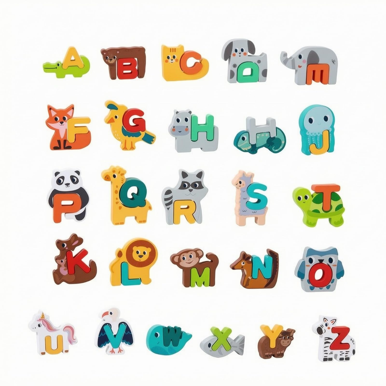 Clovrix 26 Pieces Early Learning Creature Shape Letters Game Stacking Alphabet Colorful Wooden Block Set Painted For Children, P