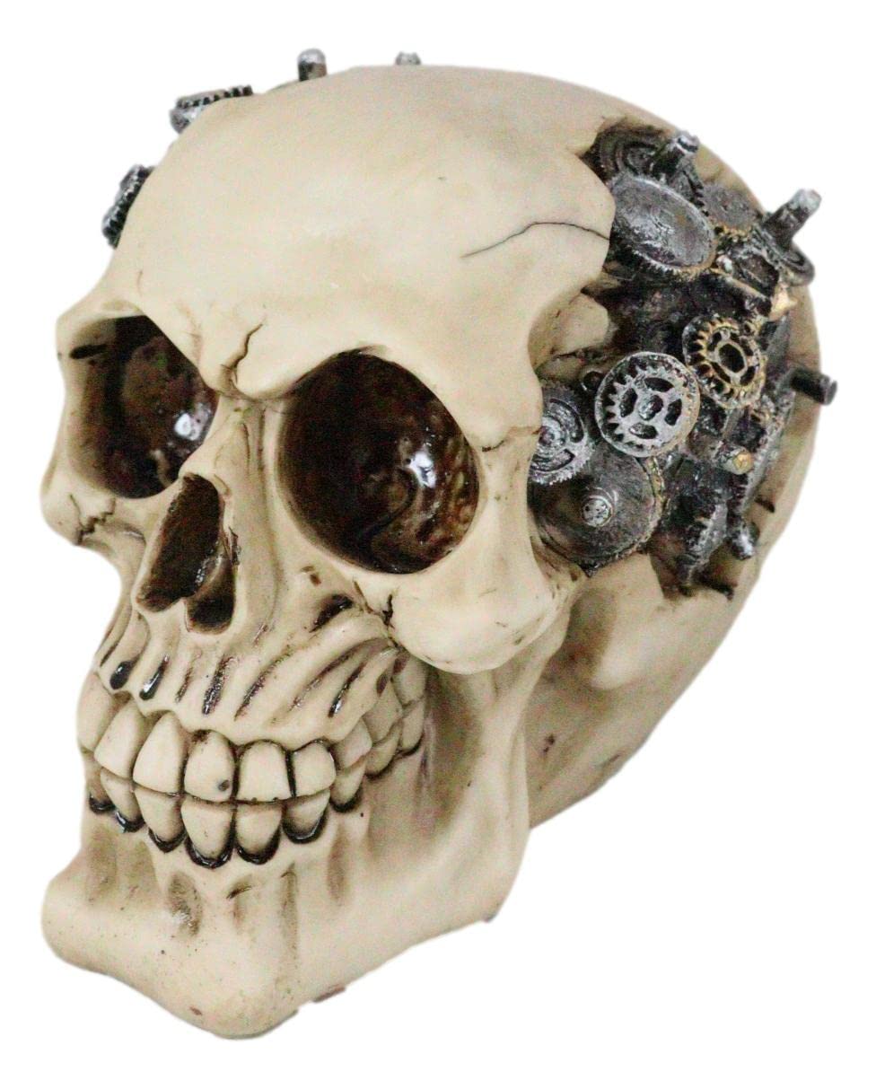 Ebros Steampunk Cyborg Protruding Gearwork Human Skull Statue Sci Fi Clockwork Gear Design Skeleton Cranium Figurine