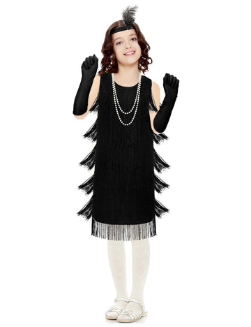 Inbakjade Girls 1920'S Costume Accessories Halloween Costumes Flapper Fringed Dresses Costume Set For Kids (7-9Years)