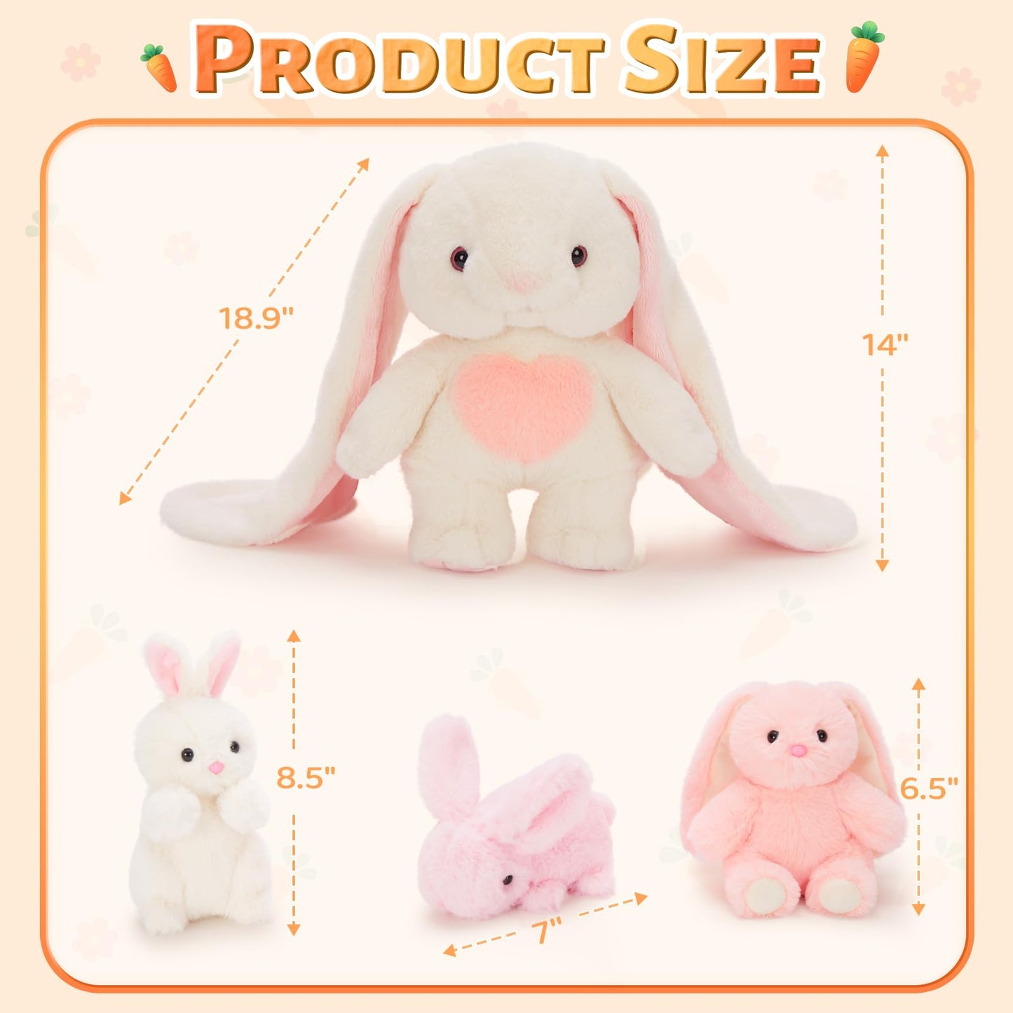 Tezituor Bunny Stuffed Animal With 3 Babies, Plush Rabbit Toy 19“ Long Ear Bunny With Heart Soft Rabbit Plushies Easter Decor Christmas Birthday Gifts For Girls Boys