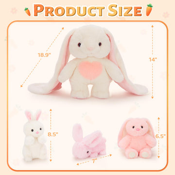 Tezituor Bunny Stuffed Animal With 3 Babies, Plush Rabbit Toy 19“ Long Ear Bunny With Heart Soft Rabbit Plushies Easter Decor Christmas Birthday Gifts For Girls Boys