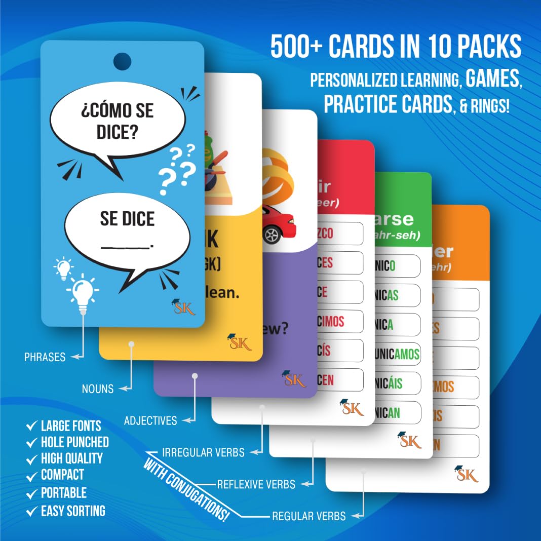 500+ Spanish Flash Cards for mature-themeds and Kids- 270 Spanish Verb Conjugation  Nouns  Adjectives & Phrase for Beginners to Intermediate  Vocabulary Cards Language Games & Spanish Practice Cards