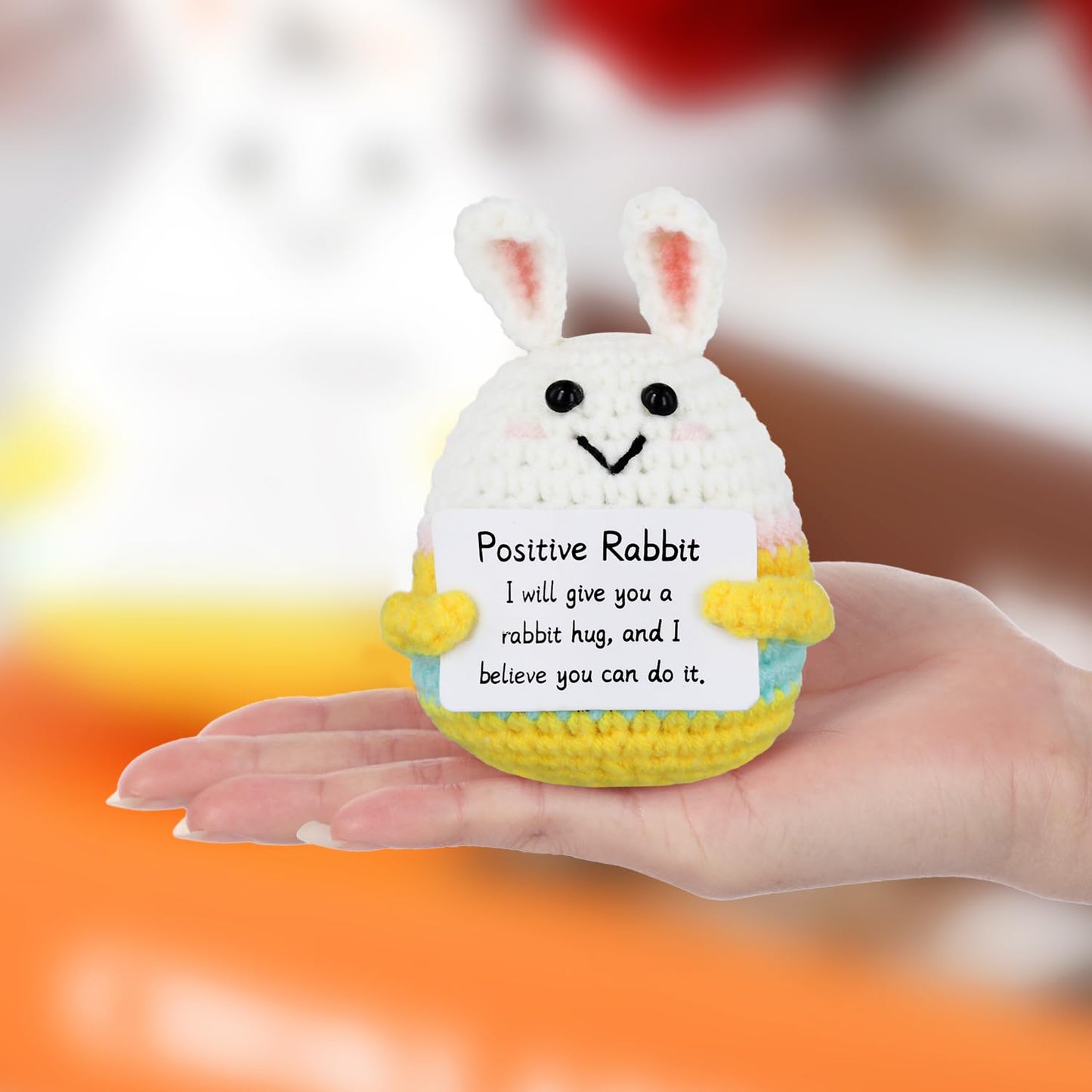 Nqeuepn Funny Positive Bunny Out Of Shell, Creative Doll Emotional Crochet Rabbit Cute Knitted Bunny Toy Holding Card Support Po