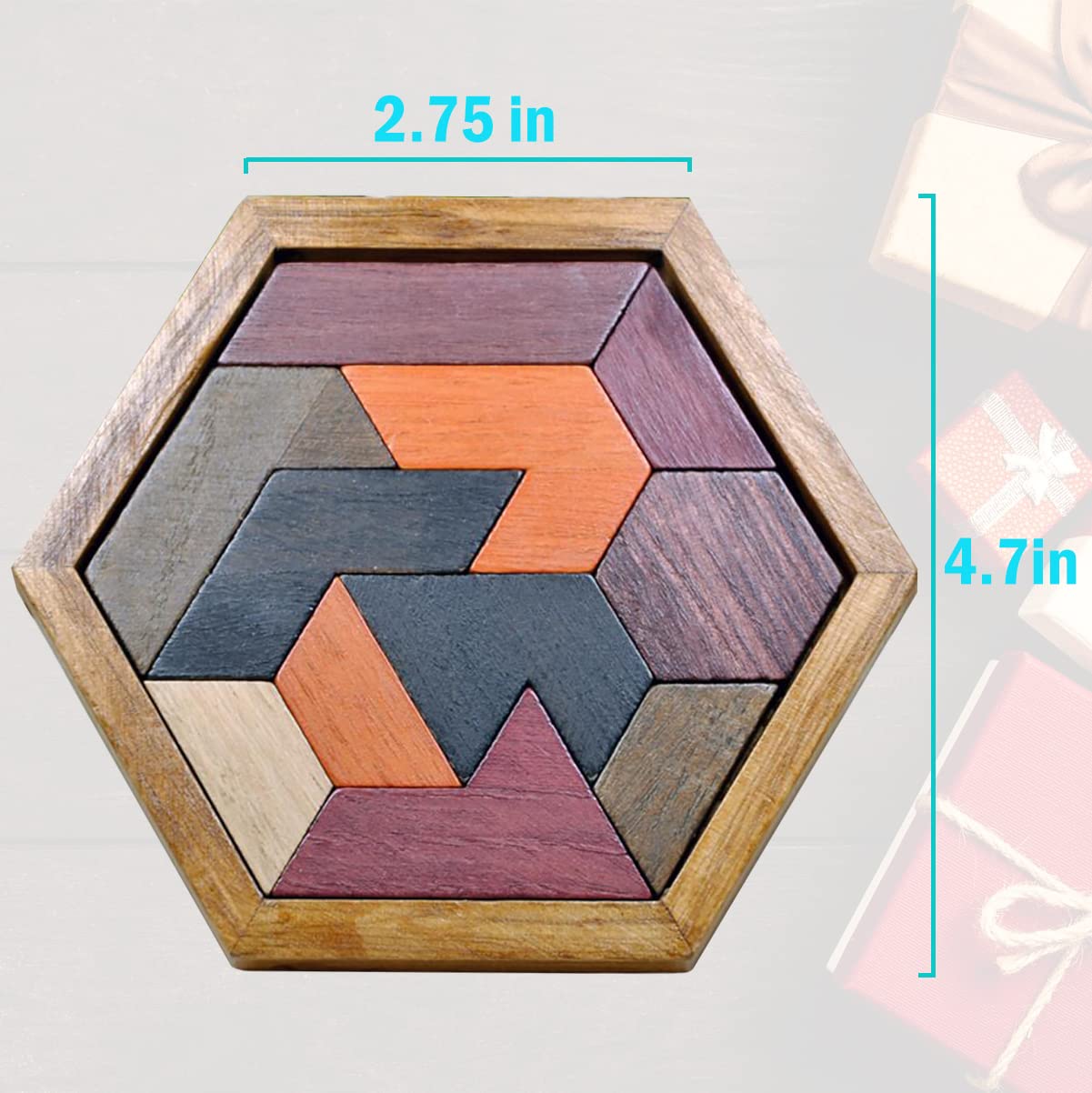 KINGOU Hexagon Tangram Puzzle - Wooden Brain Teaser for Kids & Adults, Family Fun Game, Model Puzzle-102R