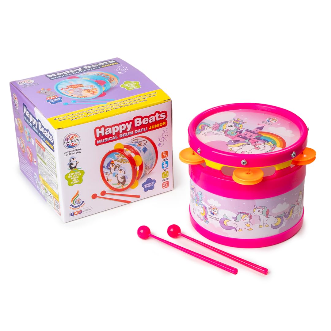 RatnaS Happy Beats Junior Unicorn Printed Musical Drum Dafli Bongo Toy Musical Instrument With 2 Sticks For Kids