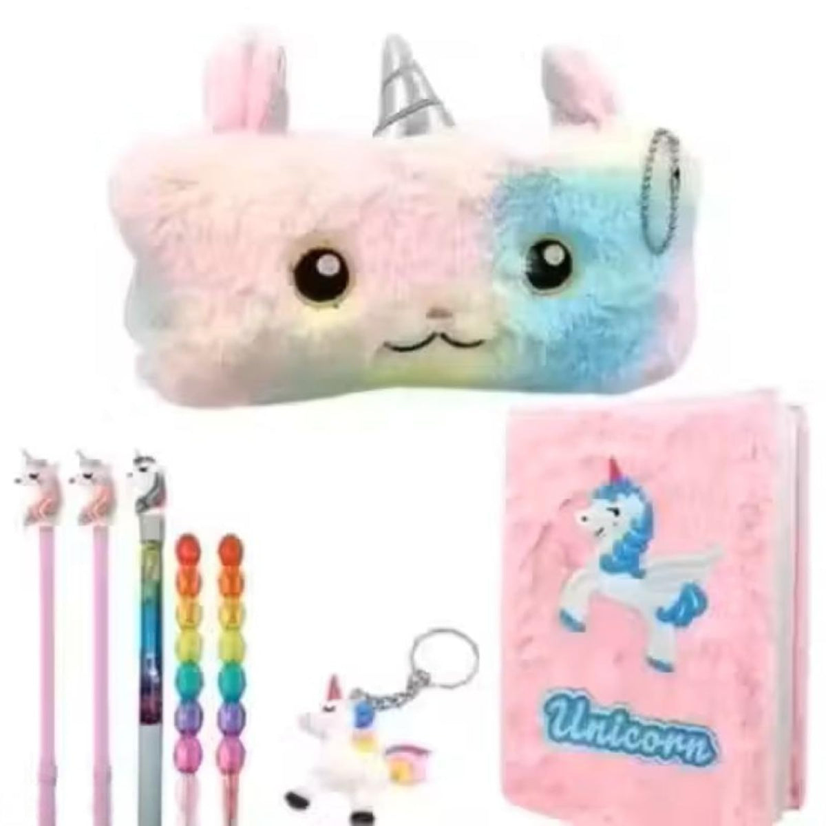 Hisupari Unicorn Stationery Gift Set For Kids | Fur Pouch, Unicorn Pens, Rainbow Pens, Fur Diary & Unicorn Keychain | Cute Schoo