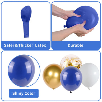 112Pcs Royal Blue Gold White Balloon Arch Garland Kit, Navy Blue And Gold Balloon Arch Kit With Confetti Metallic Chrome Balloon