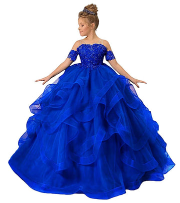 Zpvp Tulle Princess Girls Pageant Dress Tiered Ruffles Flower Girl Dress Beaded Appliques Wedding Party Costumes Royal Blue Us6