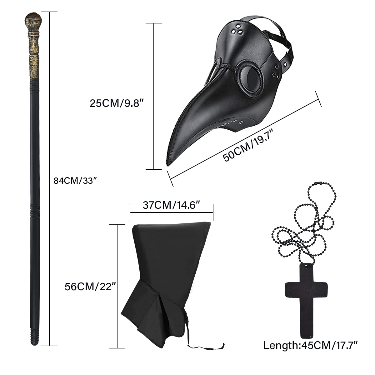 BUUFAN 4PCS Plague Bird Doctor Mask PU Leather Long Nose Beak Mask with Cloak Crucifixion Necklace Scepter Scary Halloween Mask