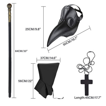 BUUFAN 4PCS Plague Bird Doctor Mask PU Leather Long Nose Beak Mask with Cloak Crucifixion Necklace Scepter Scary Halloween Mask
