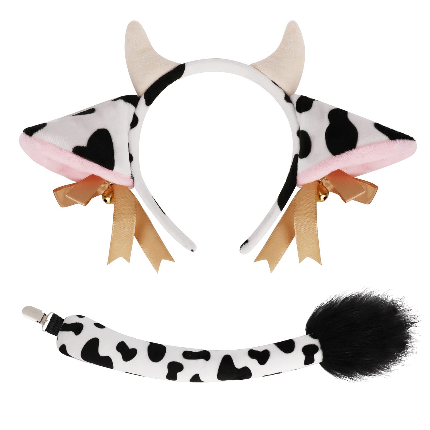 Phogary Cow Costume Accessories, Ears And Horns Headband With Tail For Animal Cosplay And Halloween