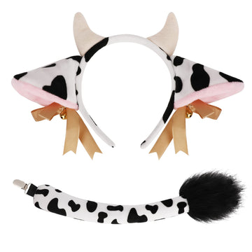 Phogary Cow Costume Accessories, Ears And Horns Headband With Tail For Animal Cosplay And Halloween