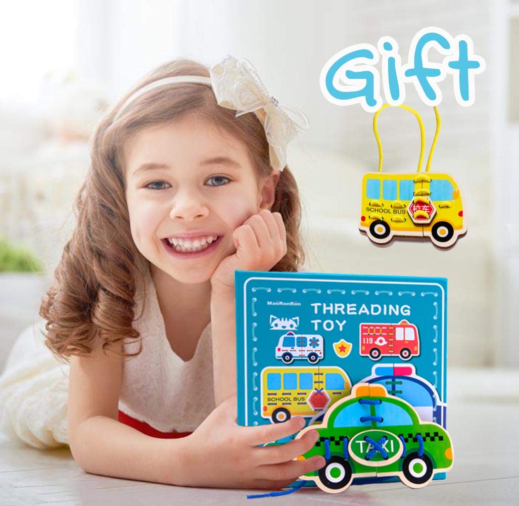 Promise Babe 5 Pack Lacing Cards Wooden Cars Block Puzzle Threading Toys Montessori Toy Sewing Cards For Toddler Educational Pre