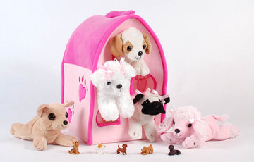 Unipak Sfs Gift Bundle - 12' Plush Pink Dog House Carrying Case With Five (5) Stuffed Animal Dogs (Pink Poodle, Pug, Chihuahua, Beagle, And White Terrier) + Five Mini Puppy Figures