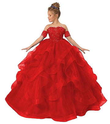 Zpvp Princess Flower Girl Dress For Wedding Long Tulle Girls Pageant Dress Puffy Ruffles Beaded Appliques Party Costumes Red Us1