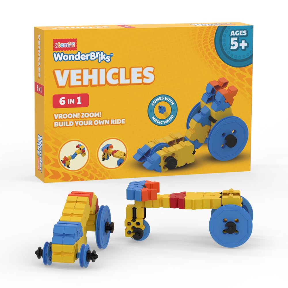 Stemplay Labs Wonderbriks Vehicles  Build 6 Land Vehicles (Ages 5+) | Motor  Car  Bike | Stem  Blocks  Early Learning  Scr