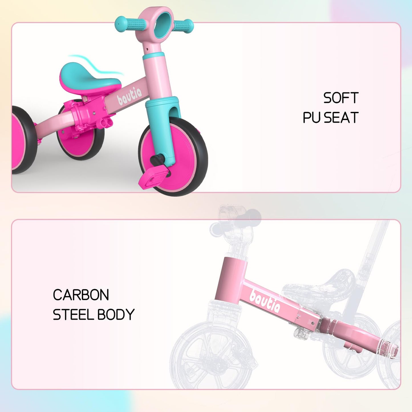 Bautia Kids Tricycle with Push Handle for Toddlers 1-4 Years Old Boys Girls Gift, 5 in 1 Baby Balance Bike for Toddlers 1-3 with