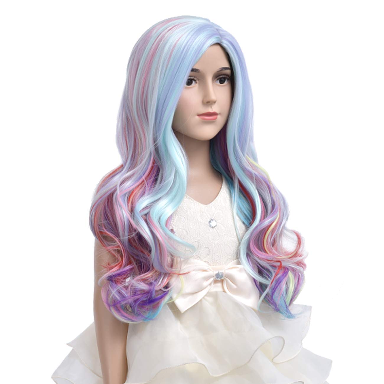 Duduwig 22 Inches Long Rainbow Wig For Kids Girls Long Multi-Color Wavy Curly, Lovely Color Synthetic Cosplay Hair Wig For Child
