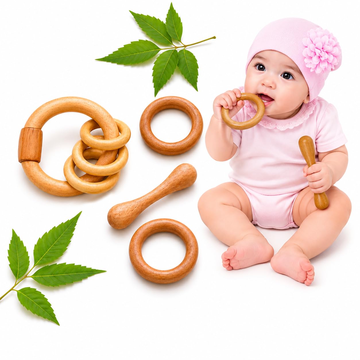 Shreeja Shilpcraft Neem Wood Baby Rattle With Teether, Natural Wooden Toy Combo Set For Infants, 4 Pieces