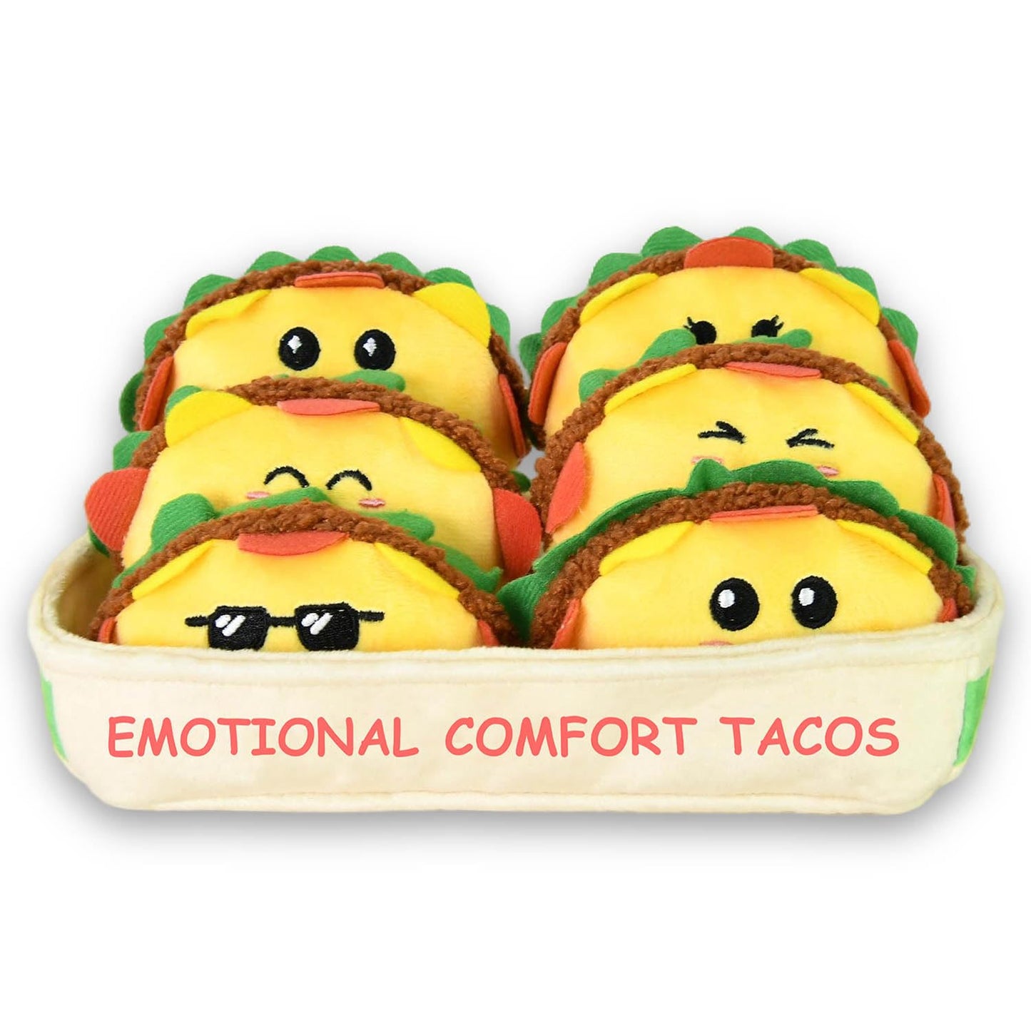 Inspirational Emotional Support Tacos Plush Toy, 6 Cute Stuffed Tacos in 1 Soft Serving Tray, Funny Stuffed Animal Gift for Wome