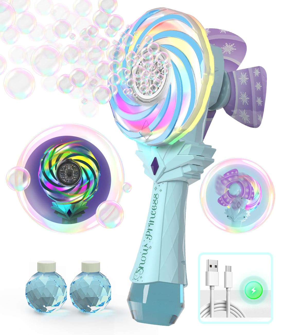 Bubble Wand - Rechargeable Bubble Machine for Kids with Color-Changing Lights & Windmill Lollipop Design - Gifts Toys Ages 3+ fo