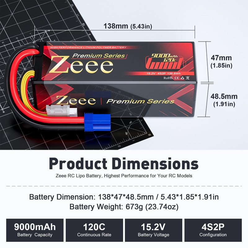 Zeee Premium Series 4S Lipo Battery 9000mAh 15.2V HV Lipo 120C Hard Case High Voltage Battery with EC5 Connector for RC Car RC T
