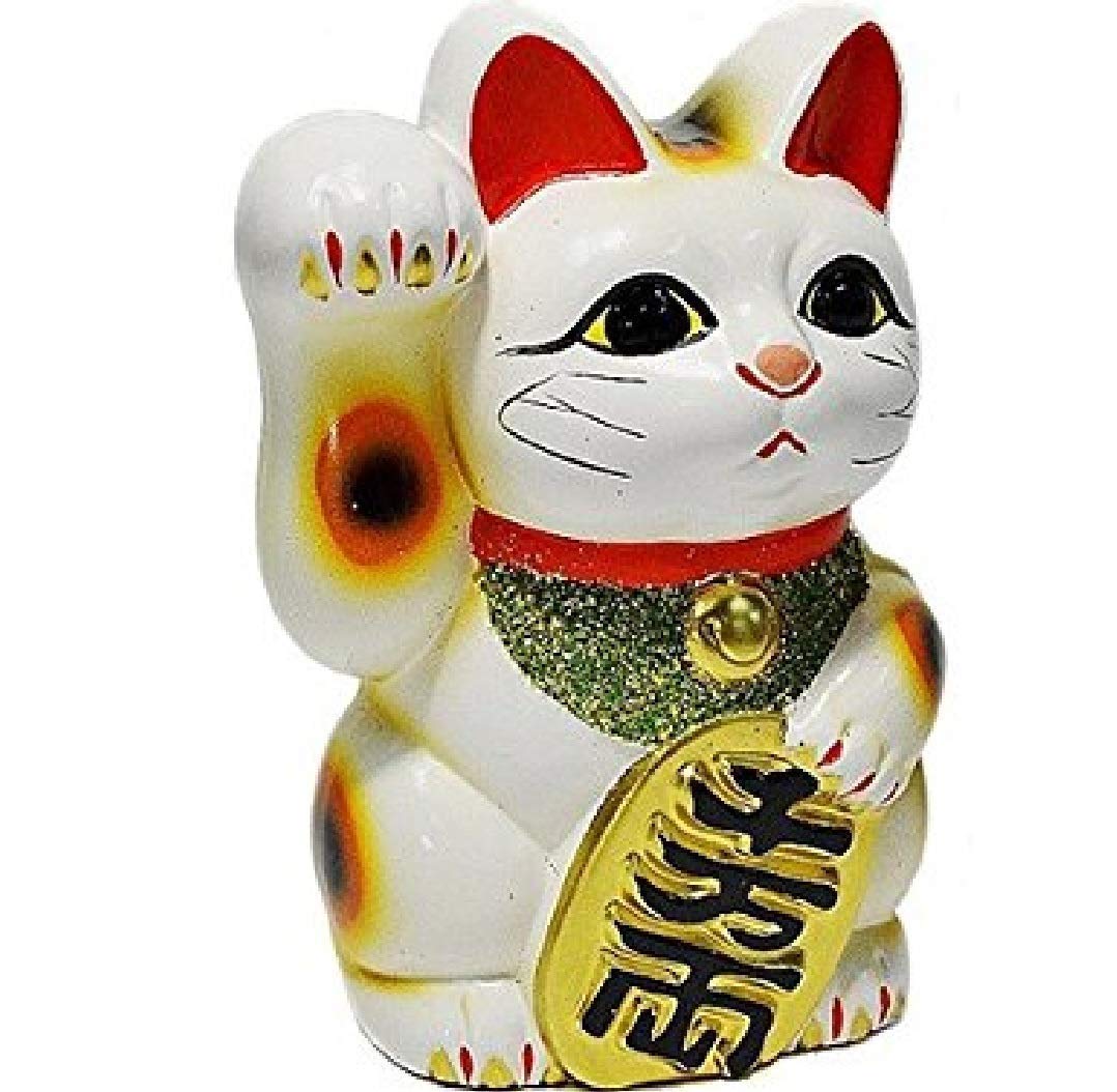 Tokoname Ware Maneki Neko Lucky Cat 6.3" Porcelain Figurine - White, Right Hand, Medium Size