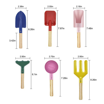 OKGD 6-Piece Garden Tools Set for Kids - Multicolor Beach Sandbox Toys: Scoop, Trowel, Spoon, Fork, Rake & Shovel