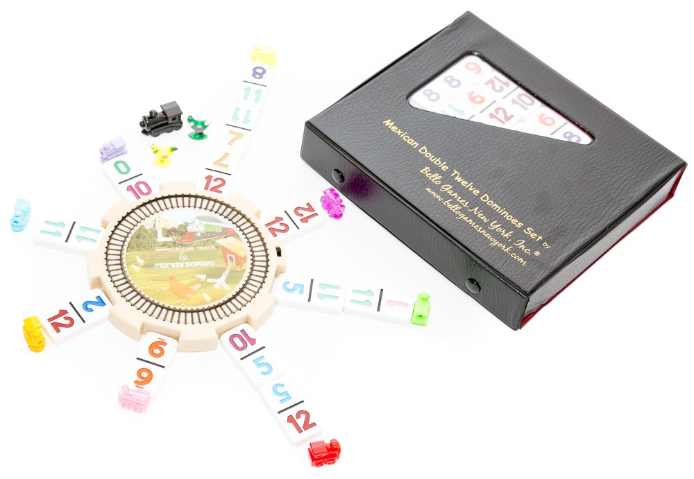 Bello Games Mexican Double Twelve Professional Numbered Dominoes Set With Hub, Trains & Chickens