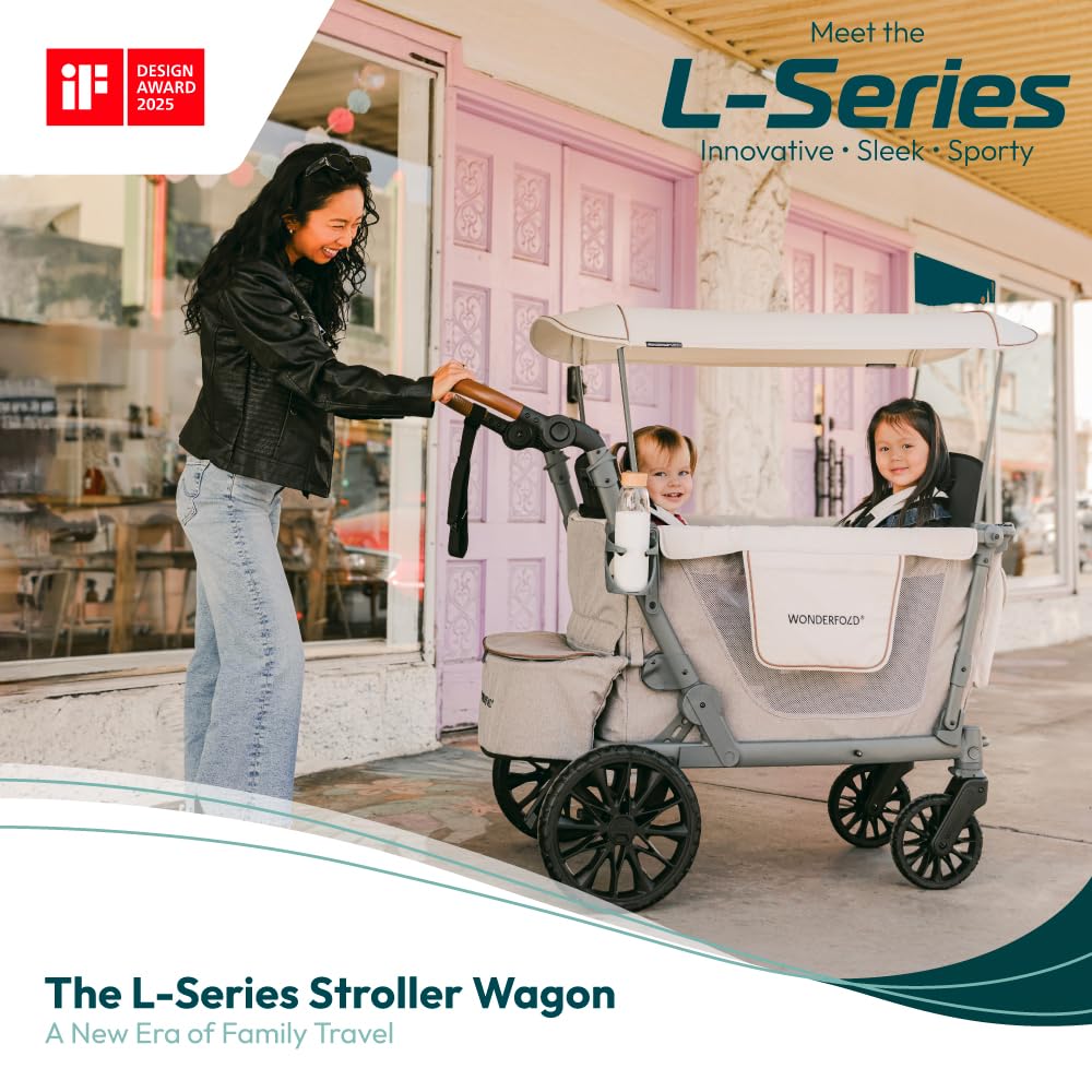WONDERFOLD L2 Double Stroller Wagon - 2 Seater, Collapsible, Gray, 5-Point Harness, Adjustable UPF50+ Canopy