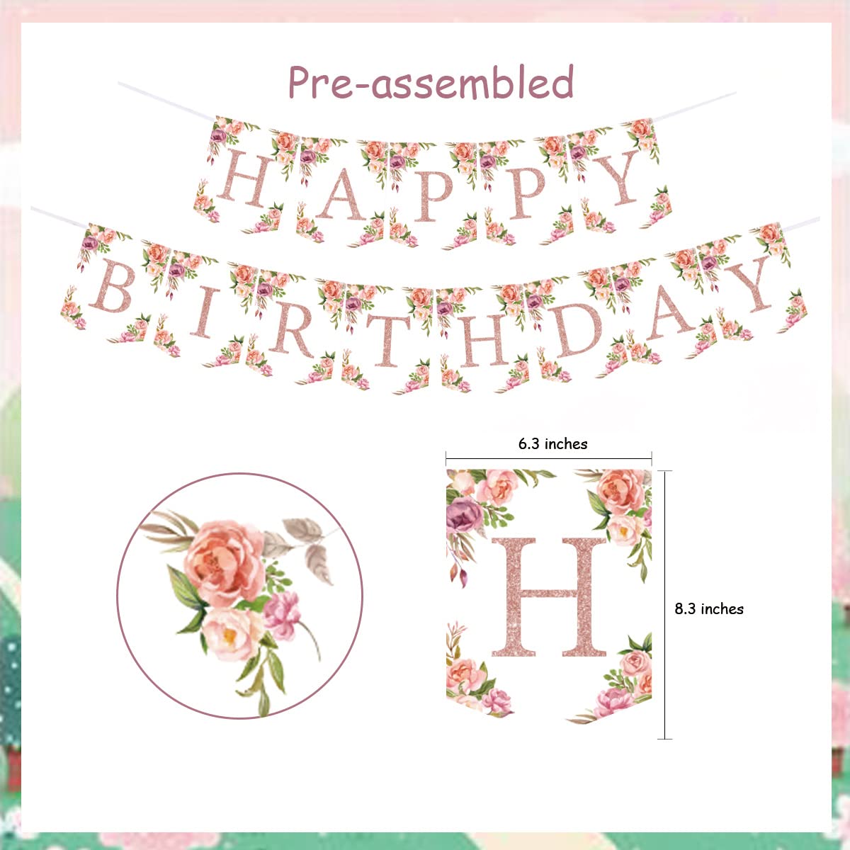 Rose Gold Floral Birthday Decorations for Women Girls - Floral Theme Glittery Happy Birthday Banner for Home Wall Mantel Window