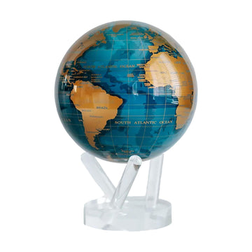 Mova Globe Blue And Gold 4.5'' With Base, Solar Powered Rotating Globe No Need Of Battery Or Chord, Unique Gift And Decoration
