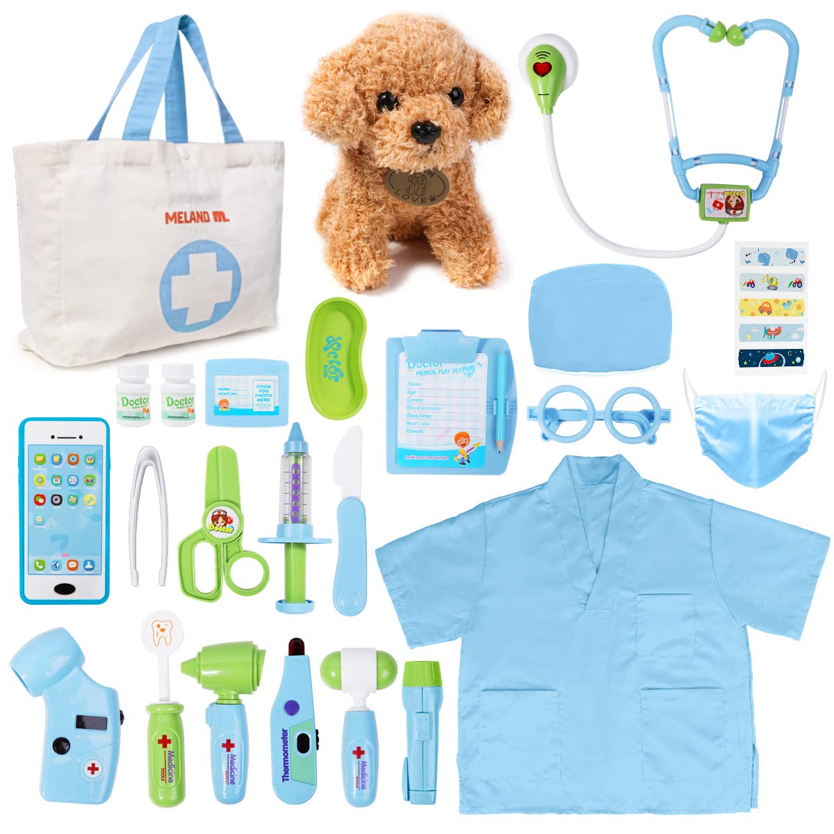 Meland Toy Doctor Kit for Kids - Pretend Play Doctor Set with Dog Toy, Carrying Bag, Stethoscope Toy & Dress Up Costume - Doctor