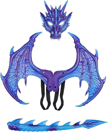 Kids Dinosaur Costume Dress Up Wings Dragon Tail Mask Set Halloween for Children Birthday Party Favors Gifts (blue)