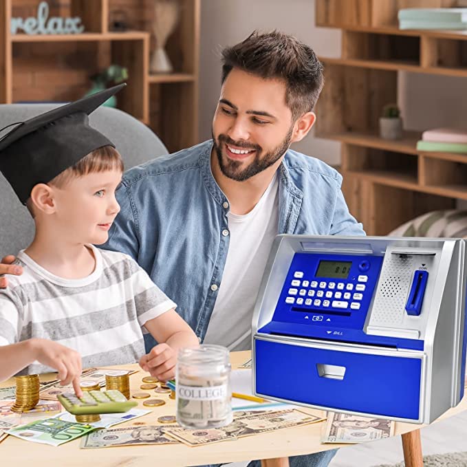 Like Talking ATM Savings Bank - Digital Piggy Bank for Kids, Blue/Silver, Model G972E, Plastic Money Coin Machine