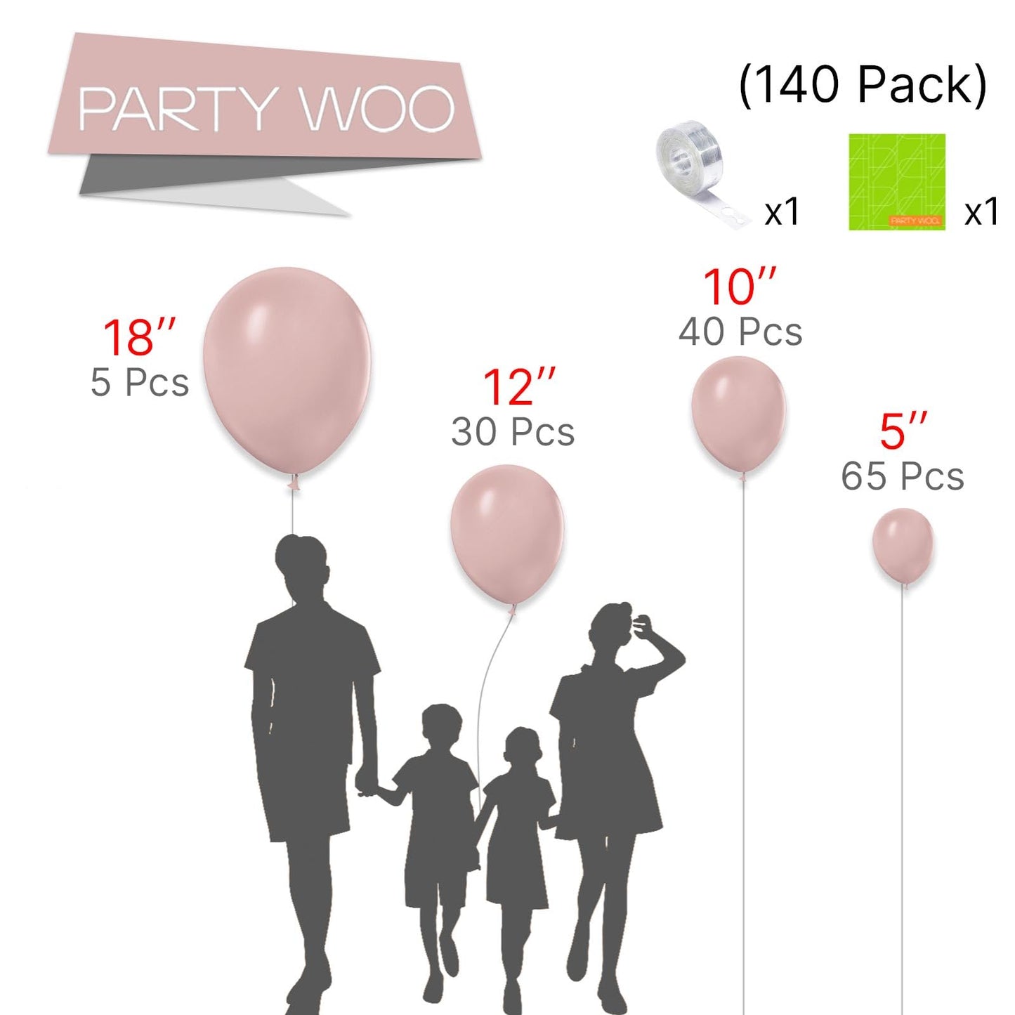 Partywoo Cavern Pink Balloons, 140 Pcs Boho Pink Balloons Different Sizes Pack Of 18 Inch 12 Inch 10 Inch 5 Inch Dusty Pink Balloons For Balloon Garland Or Balloon Arch As Party Decorations, Pink-F54