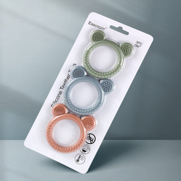 Eascrozn Baby Teething Toys Set of 3, BPA Free Silicone Bear Ring, Soft Textured for 0-12 Months, Soothing Relief for Sore Gums