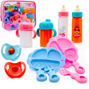 Baby Doll Accessories Magic Bottle Set Magic Disappearing Milk Juice Bottles Sippy Cups With Pacifiers Bowl Spoons, Doll Bottle Toys Feeding Pretend Playset For Kids Girls Ages 3+ (Small Set(10Pcs))