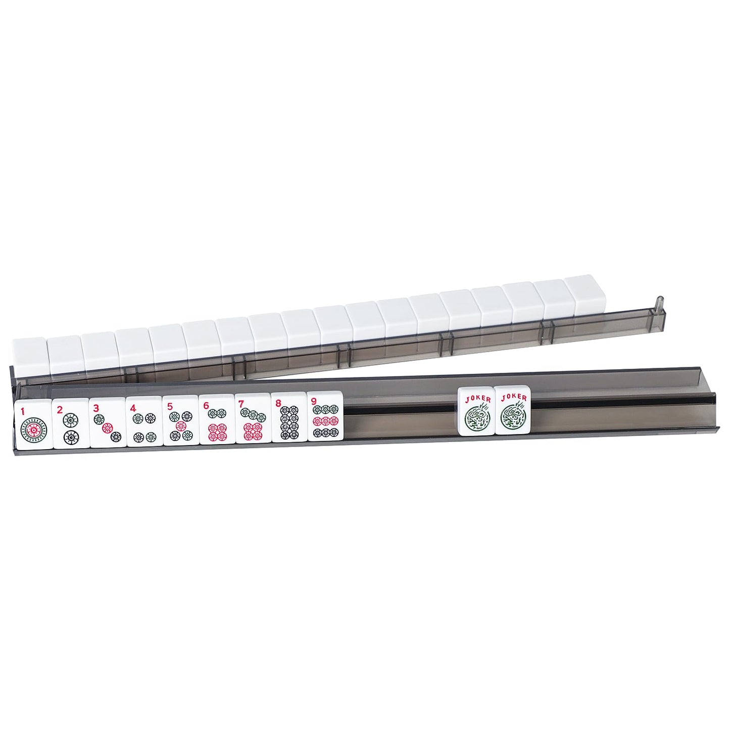 GUSTARIA Mahjong Tile Rack & Pusher Combo, Clear Acrylic, Set of 4, 17.72"x2.95"x1.2", Black, Model KRD-MAH-021