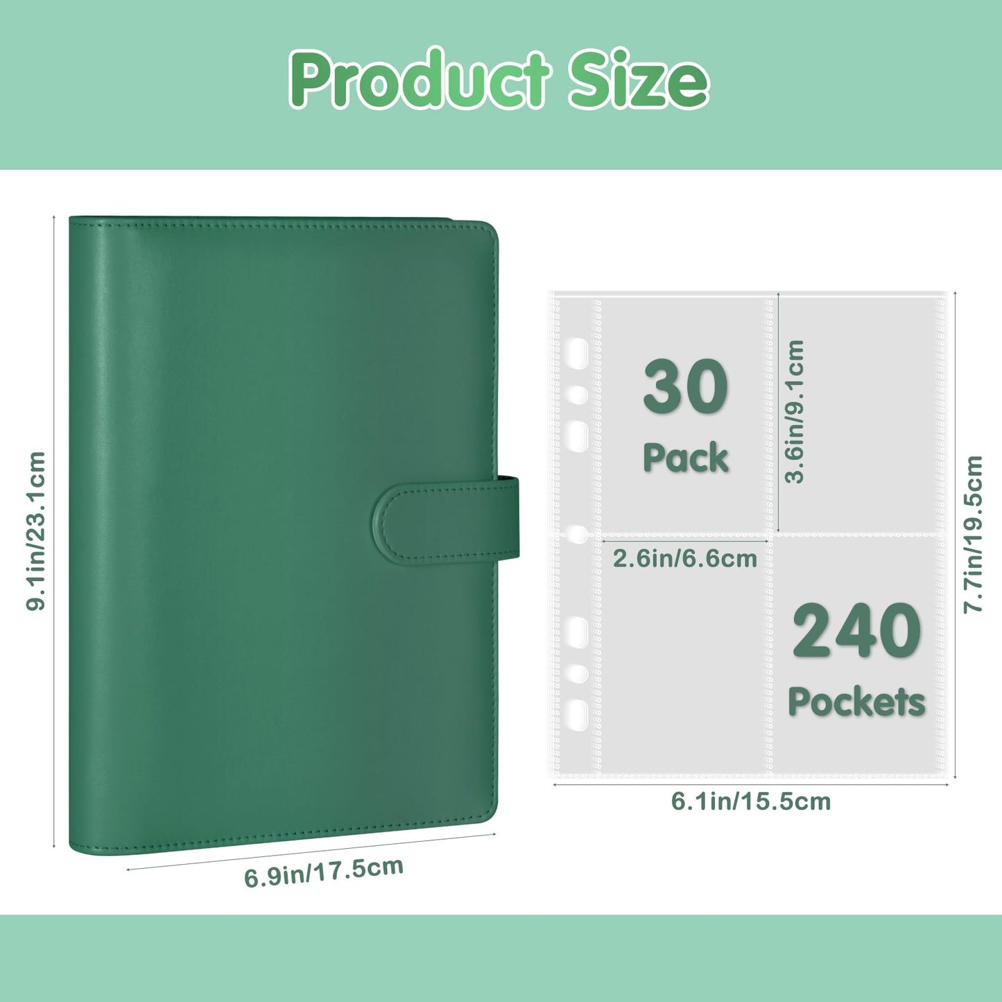 A5 Photocard Holder and Binder  PU Leather 6-Ring Album with Magnetic Closure  Includes 30 Pack 4-Pocket Pages for 240 Cards  Card Holder for Kpop  Trading  and ID Cards (Forest Green)