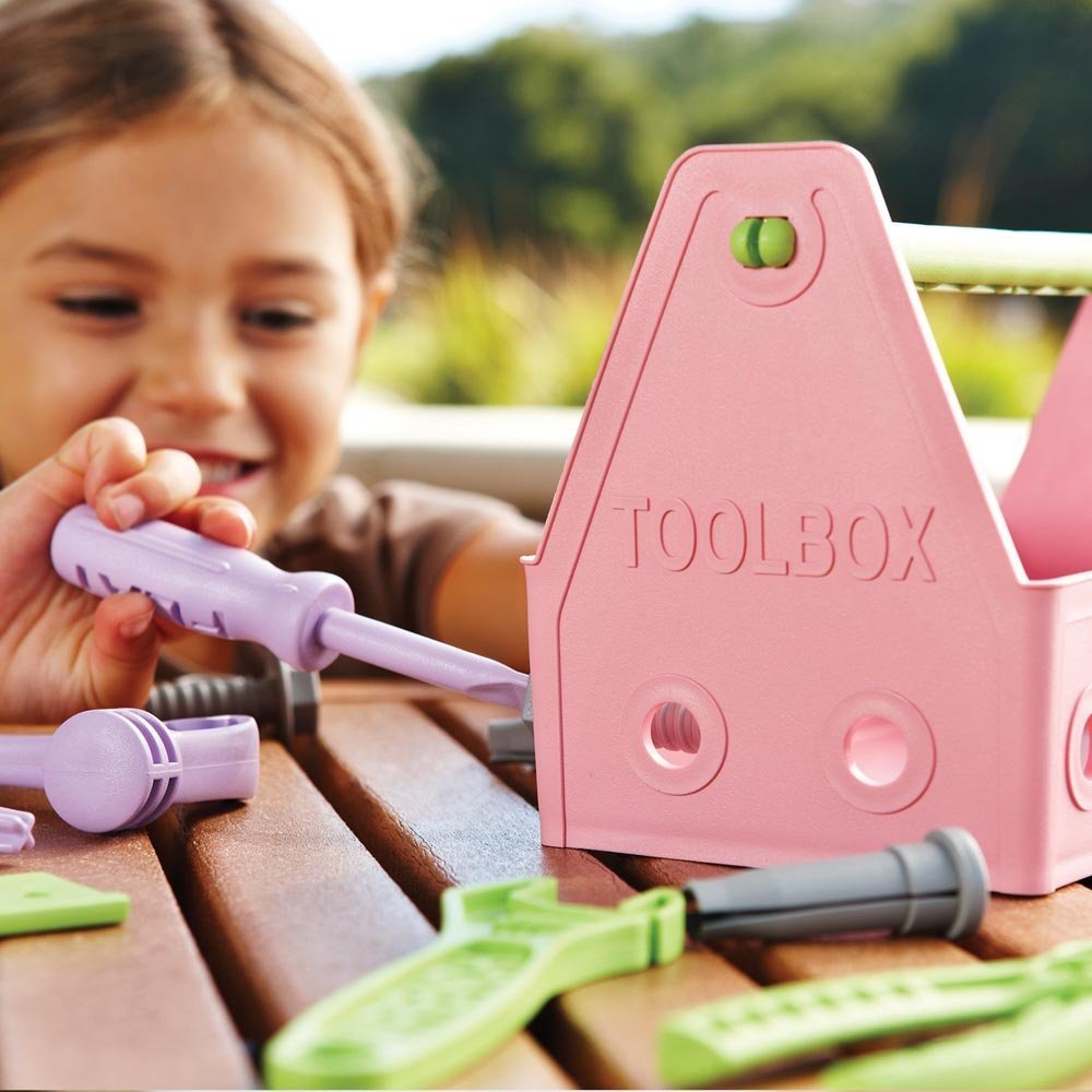 Green Toys Tool Set, Pink 4C - 15 Piece Pretend Play, Motor Skills, Language & Communication Kids Role Play Toy. No BPA, phthala
